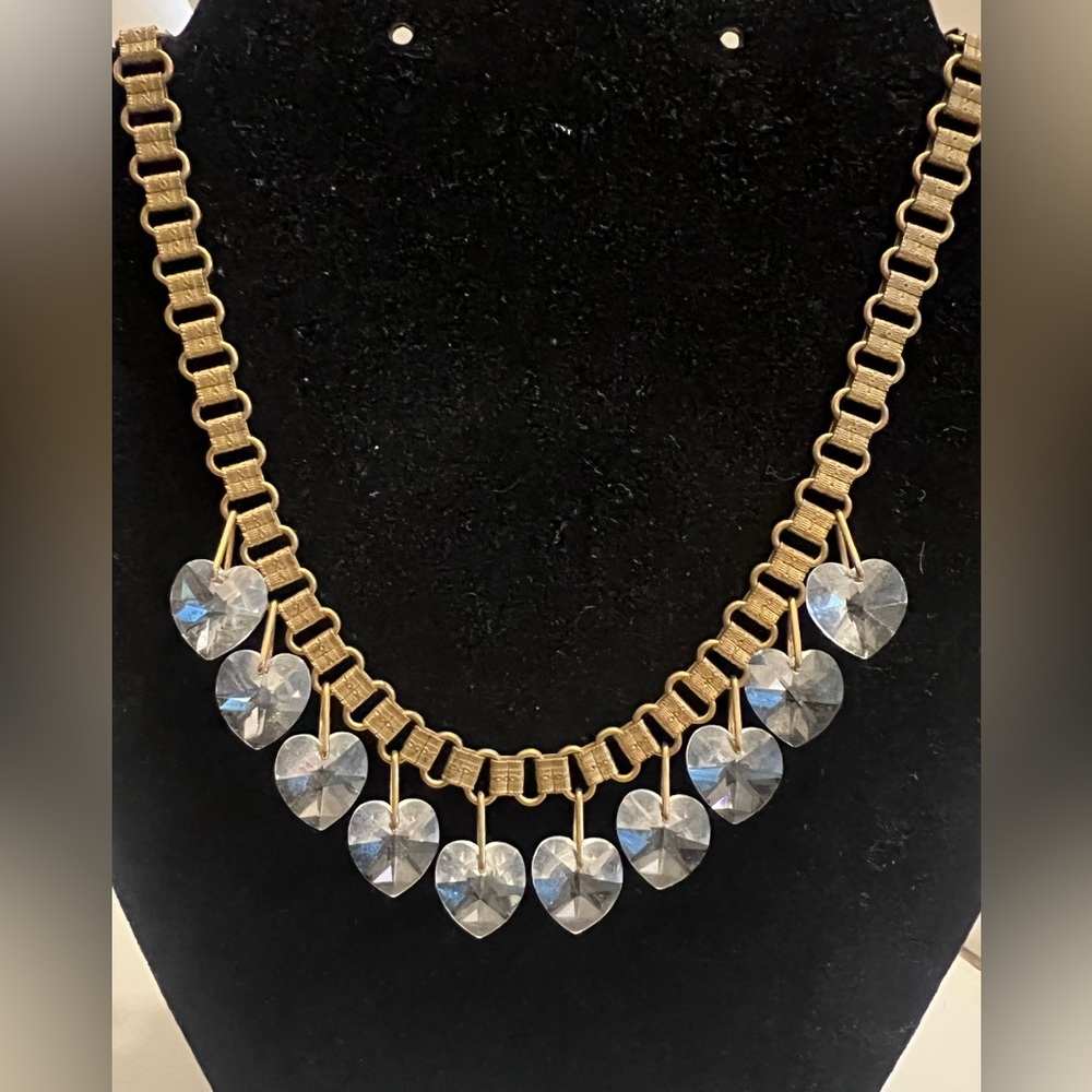 Book chain gold tone necklace with crystal heart charms